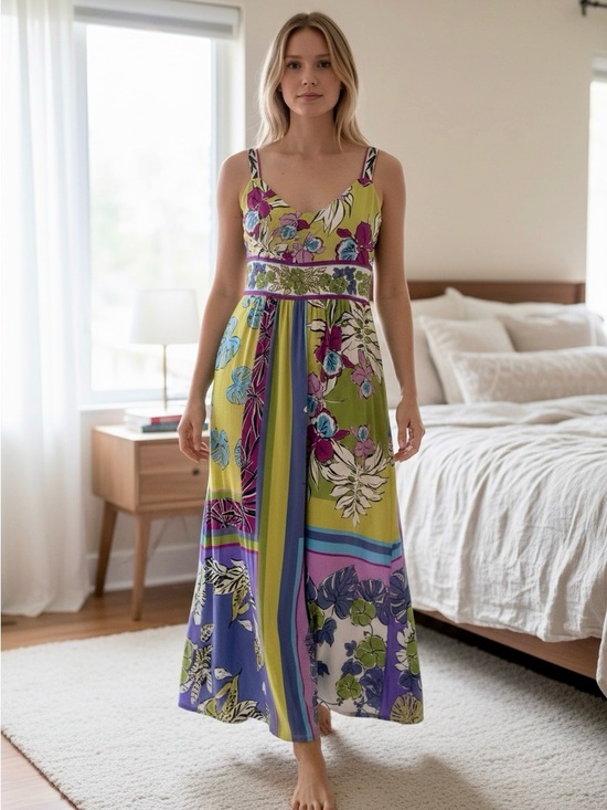 Maggy London Dresses & Skirts - Maggy London Chartreuse and Purple Floral Stripe Maxi Dress